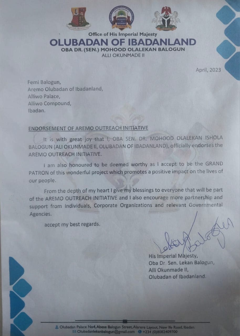 Olubadan of Ibadanland endorsement letter